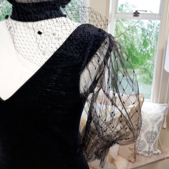 NWOT TFNC black & gold tulle sleeve choker velvet mini dress - Picture 4 of 13